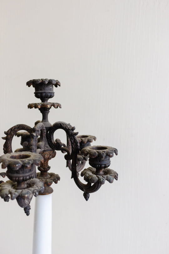 antique French cast iron and opaline candelabra
