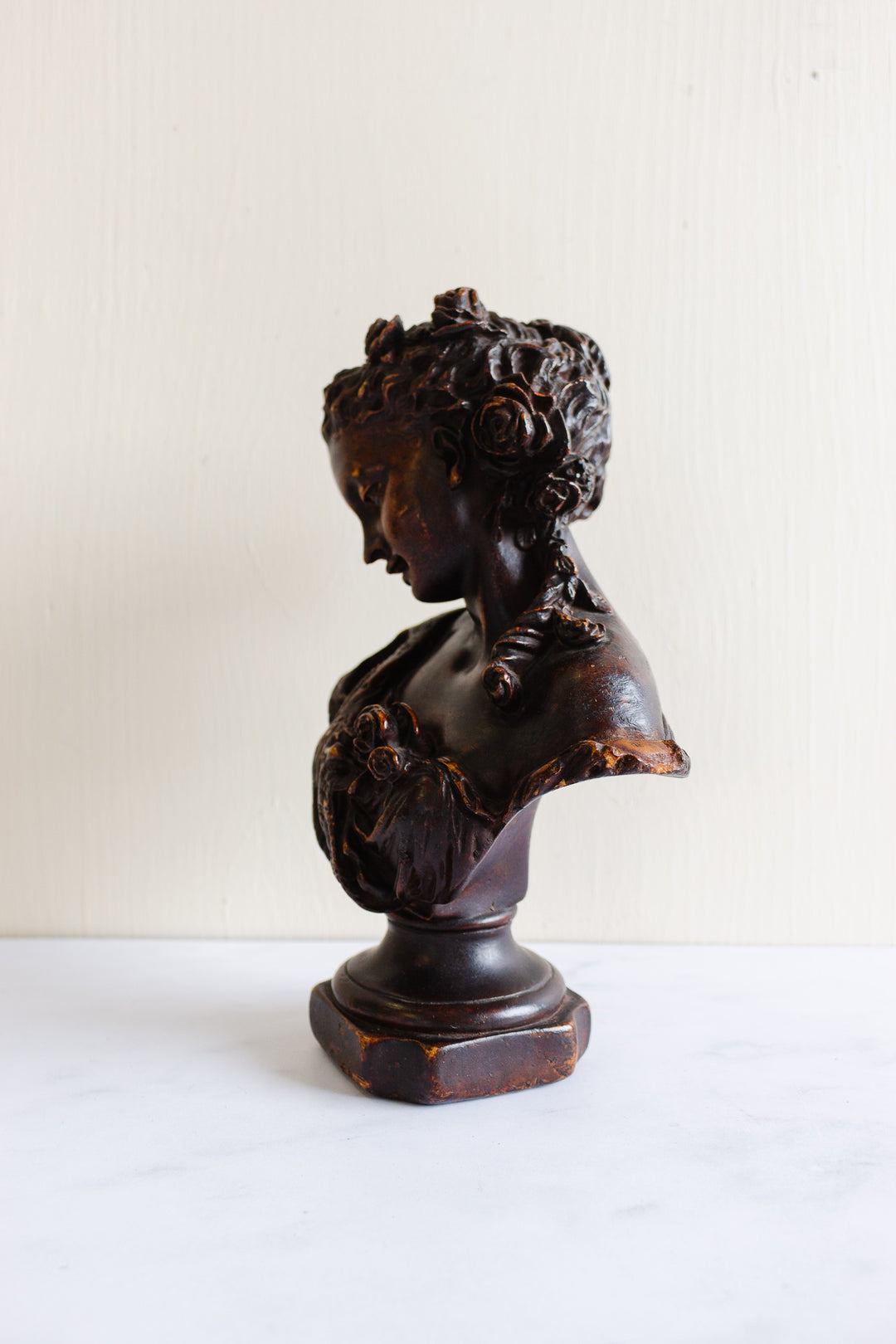 vintage french plaster bust, "femme avec roses"