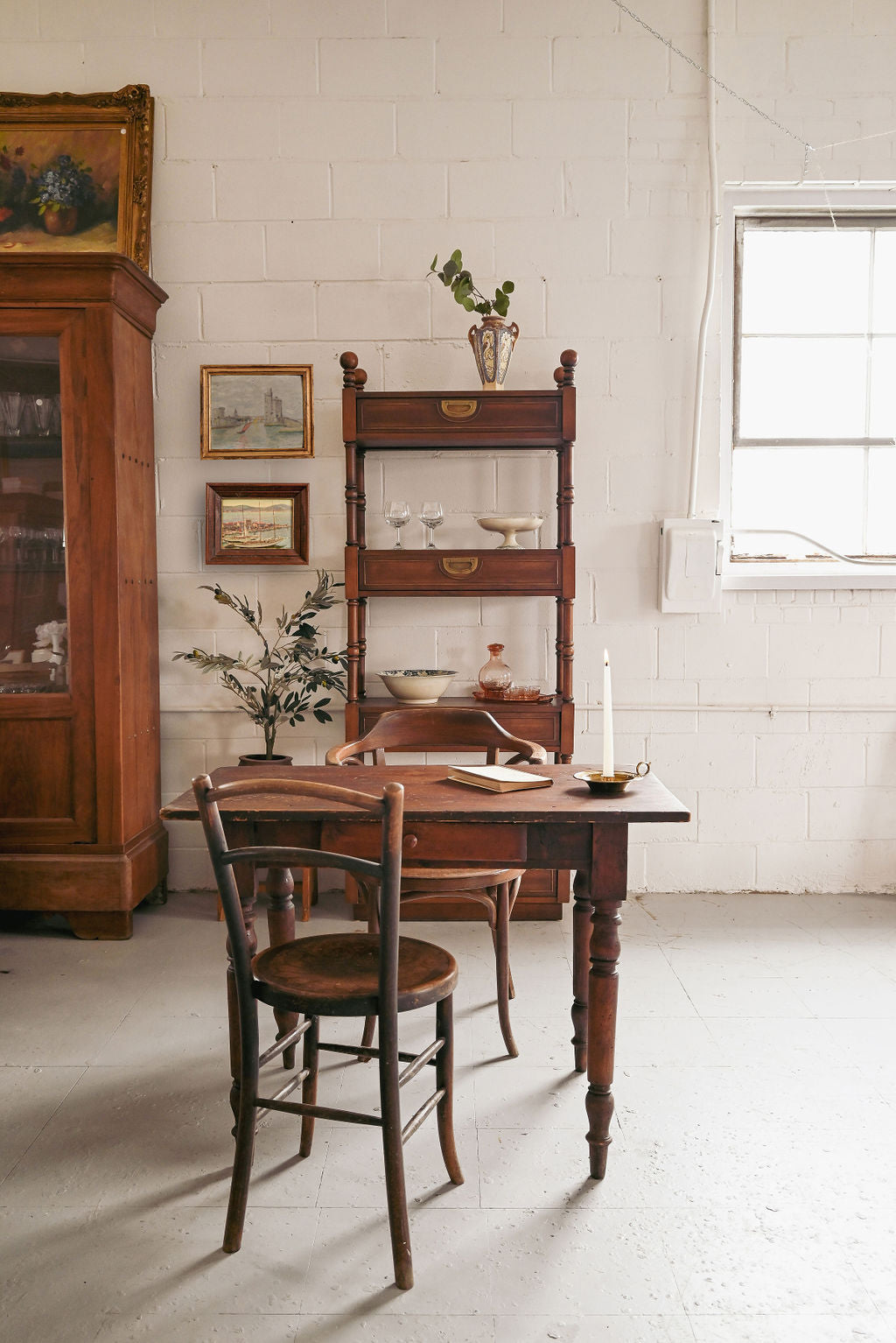 vintage wood shelf with brass hardware