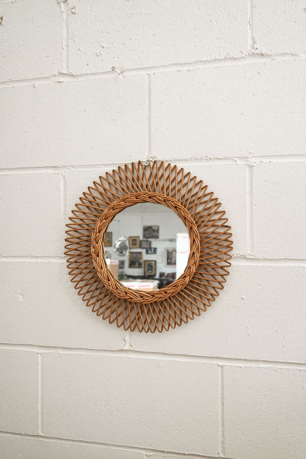 midcentury french sunburst rattan mirror