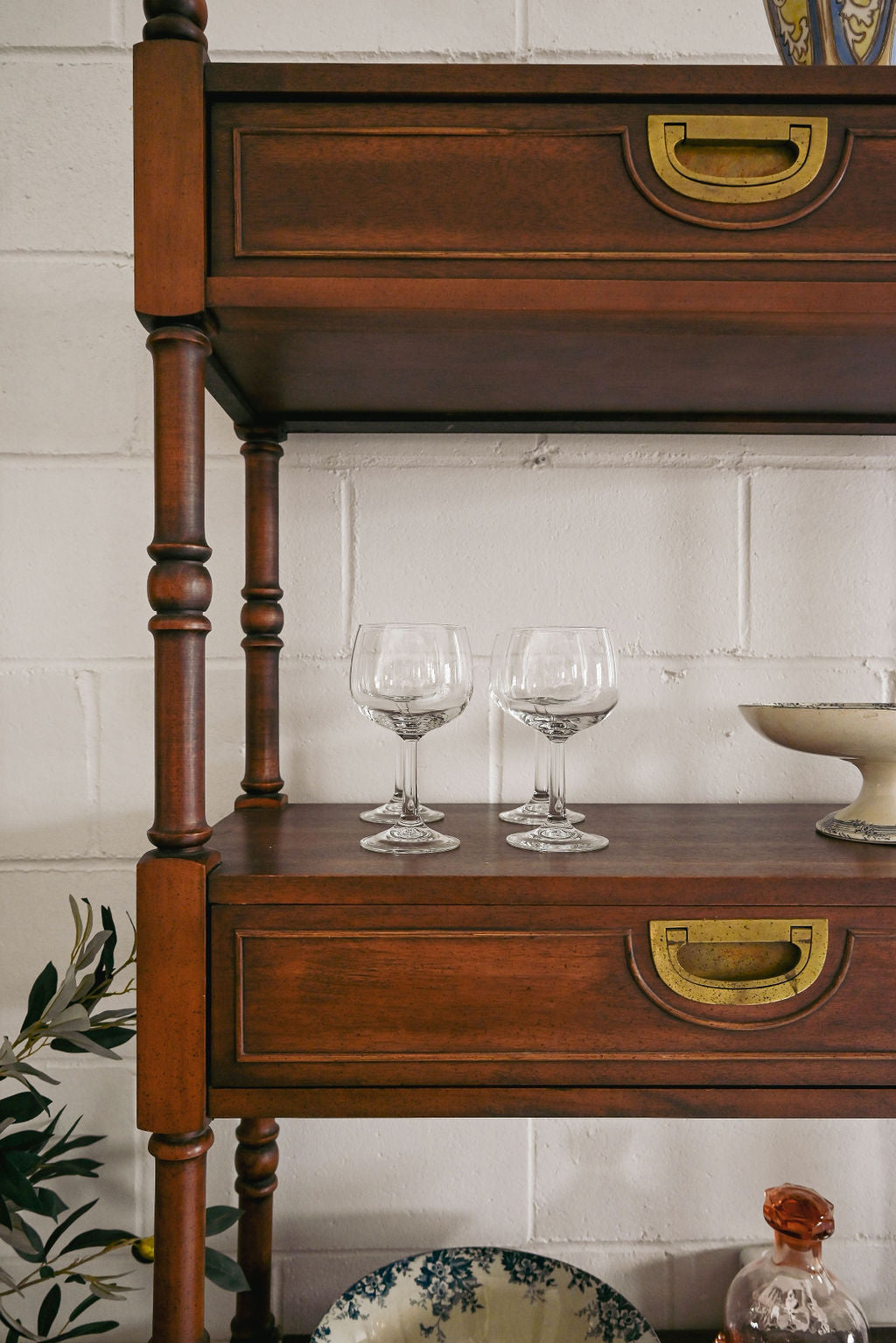 vintage wood shelf with brass hardware