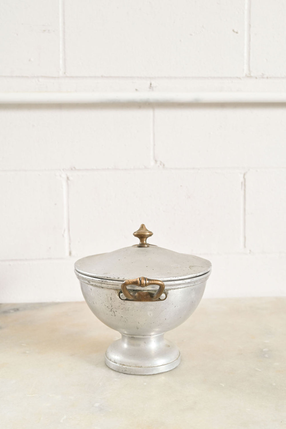 vintage French aluminum and brass soup tureen with lid