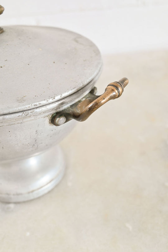 vintage French aluminum and brass soup tureen with lid