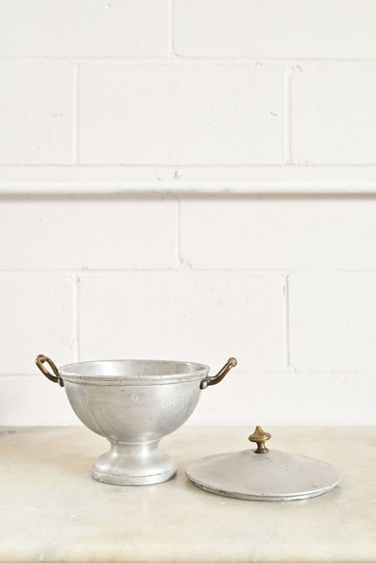 vintage French aluminum and brass soup tureen with lid