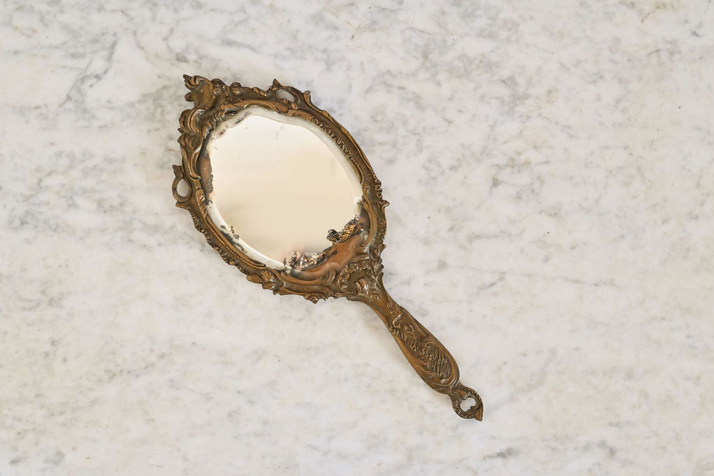 antique French brass art nouveau handheld mirror