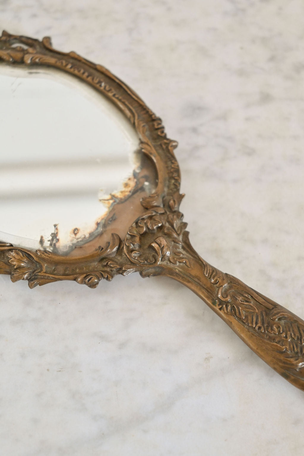 antique French brass art nouveau handheld mirror