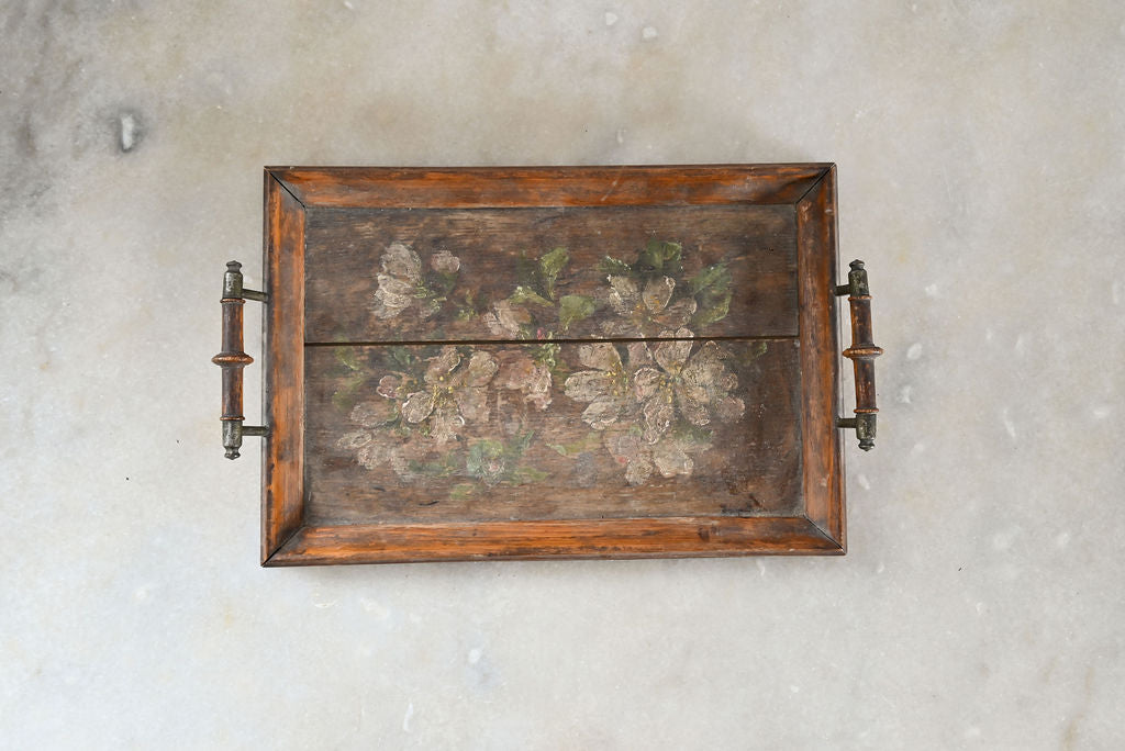 Antique french hand painted wood serving tray