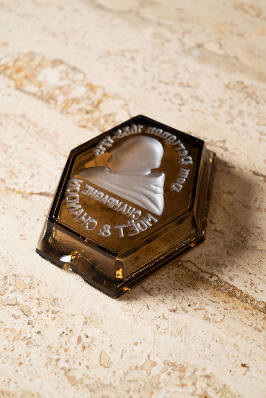 vintage french amber glass reverse etched advertising ashtray, “moët & Chandon champagne”