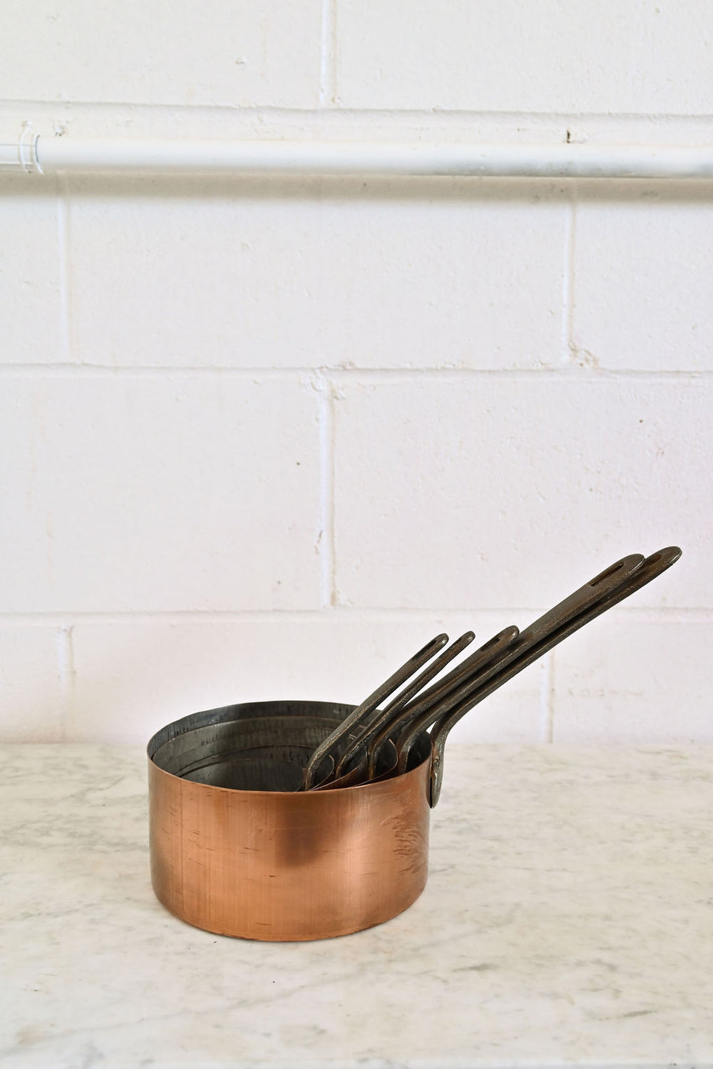 graduated set of 5 vintage french copper pots