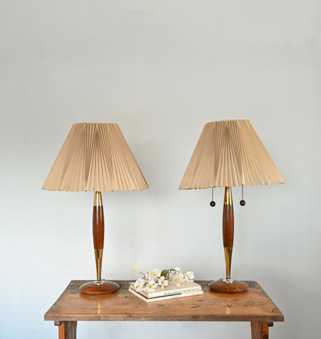 pair of vintage mcm lamps with pleated shades