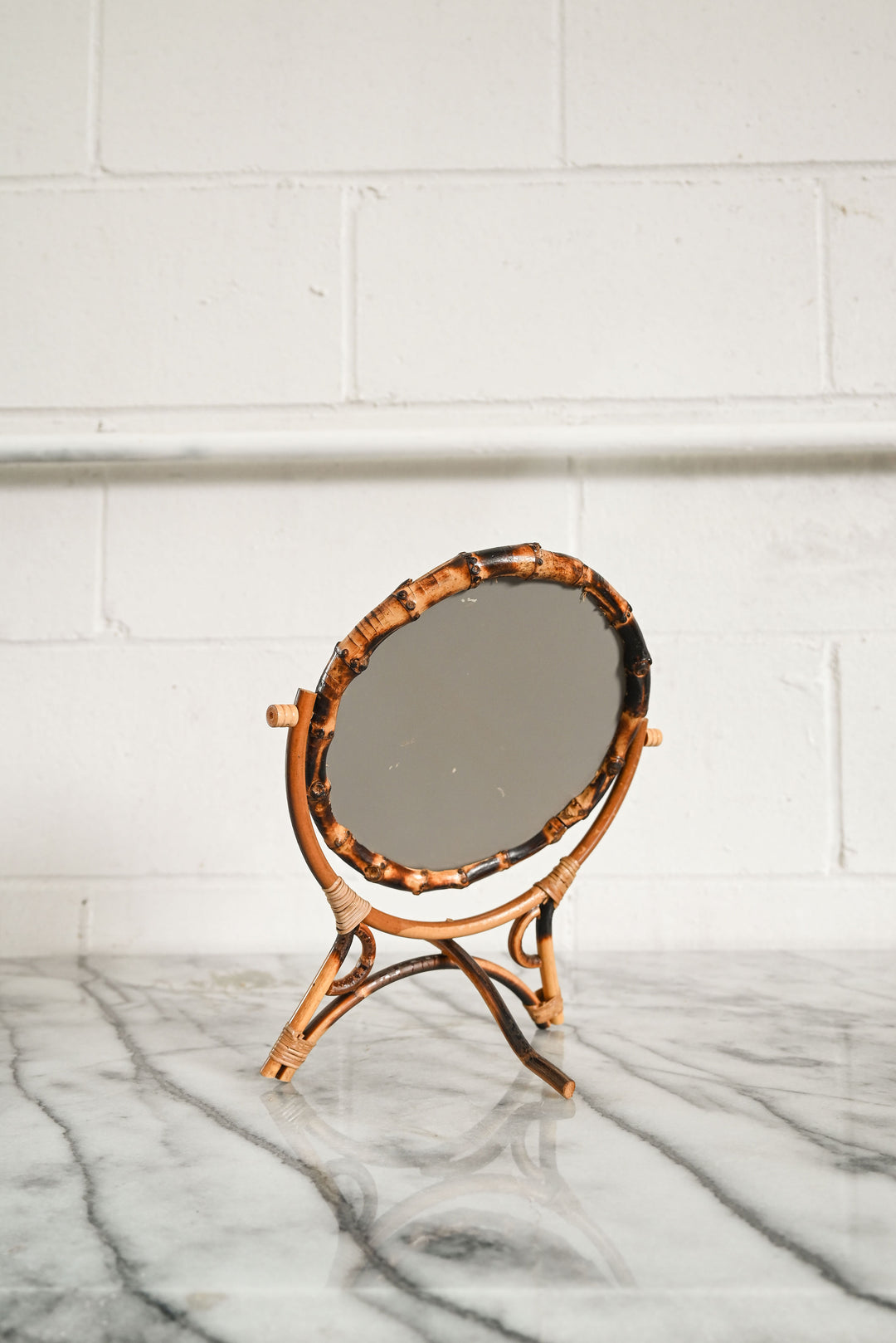 vintage french burnt bamboo “psyché” rotating table mirror