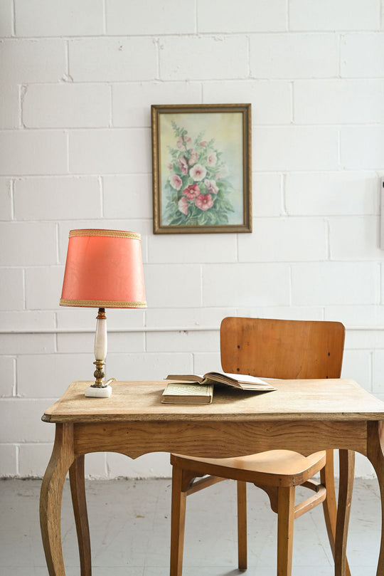 vintage french marble and brass lamp with coral shade