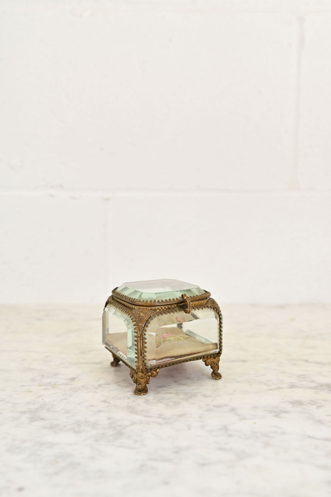 antique French beveled glass and ormolu bijoux casket