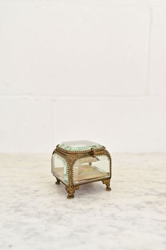 antique French beveled glass and ormolu bijoux casket