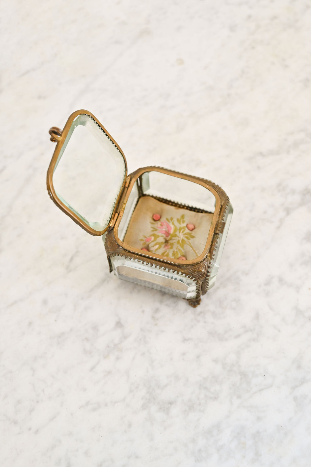 antique French beveled glass and ormolu bijoux casket