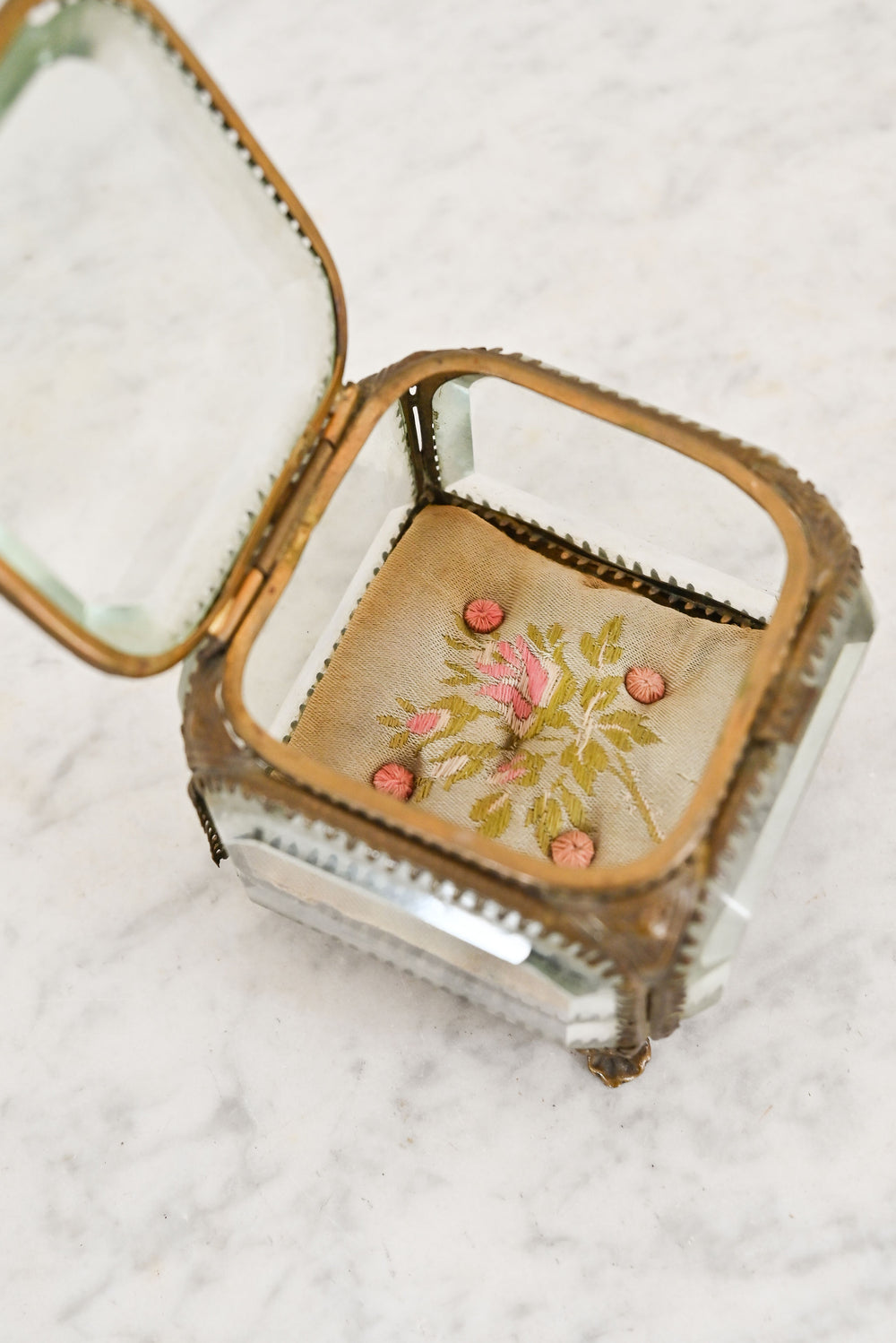 antique French beveled glass and ormolu bijoux casket