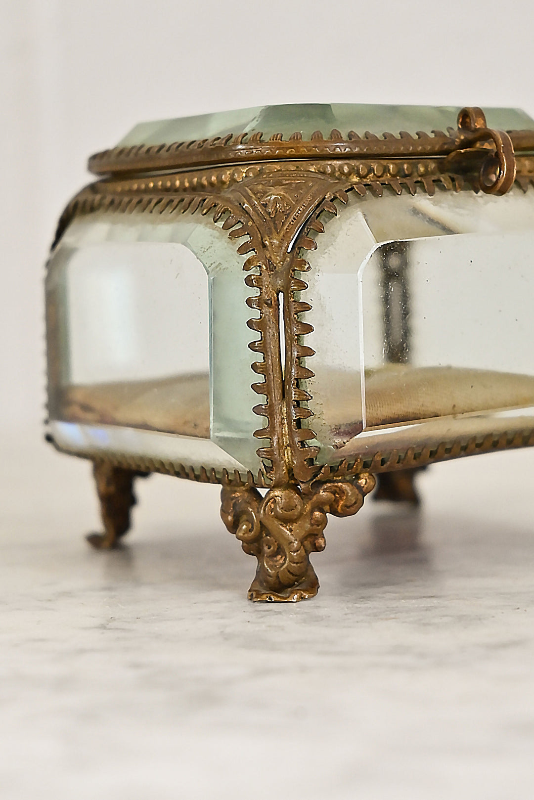 antique French beveled glass and ormolu bijoux casket