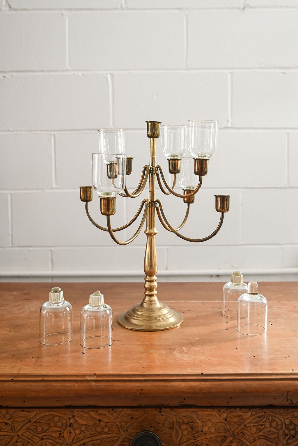 vintage french brass candelabra with glass votives