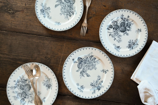 antique french sarreguemines transferware dinner plates, set of 6