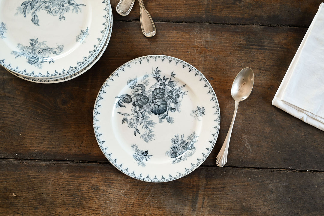 antique french sarreguemines transferware dinner plates, set of 6