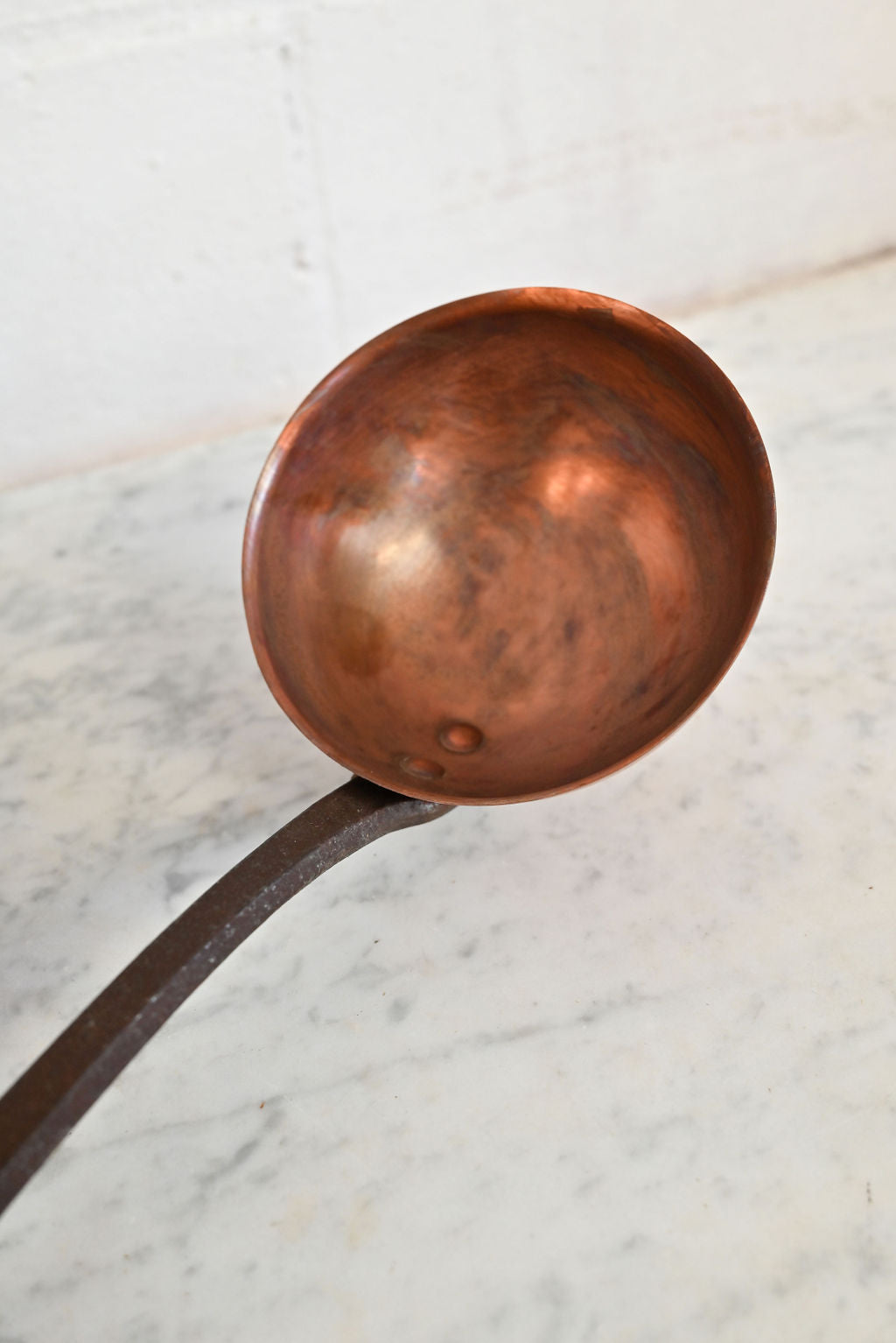 Antique french hand forged copper ladle and strainer set