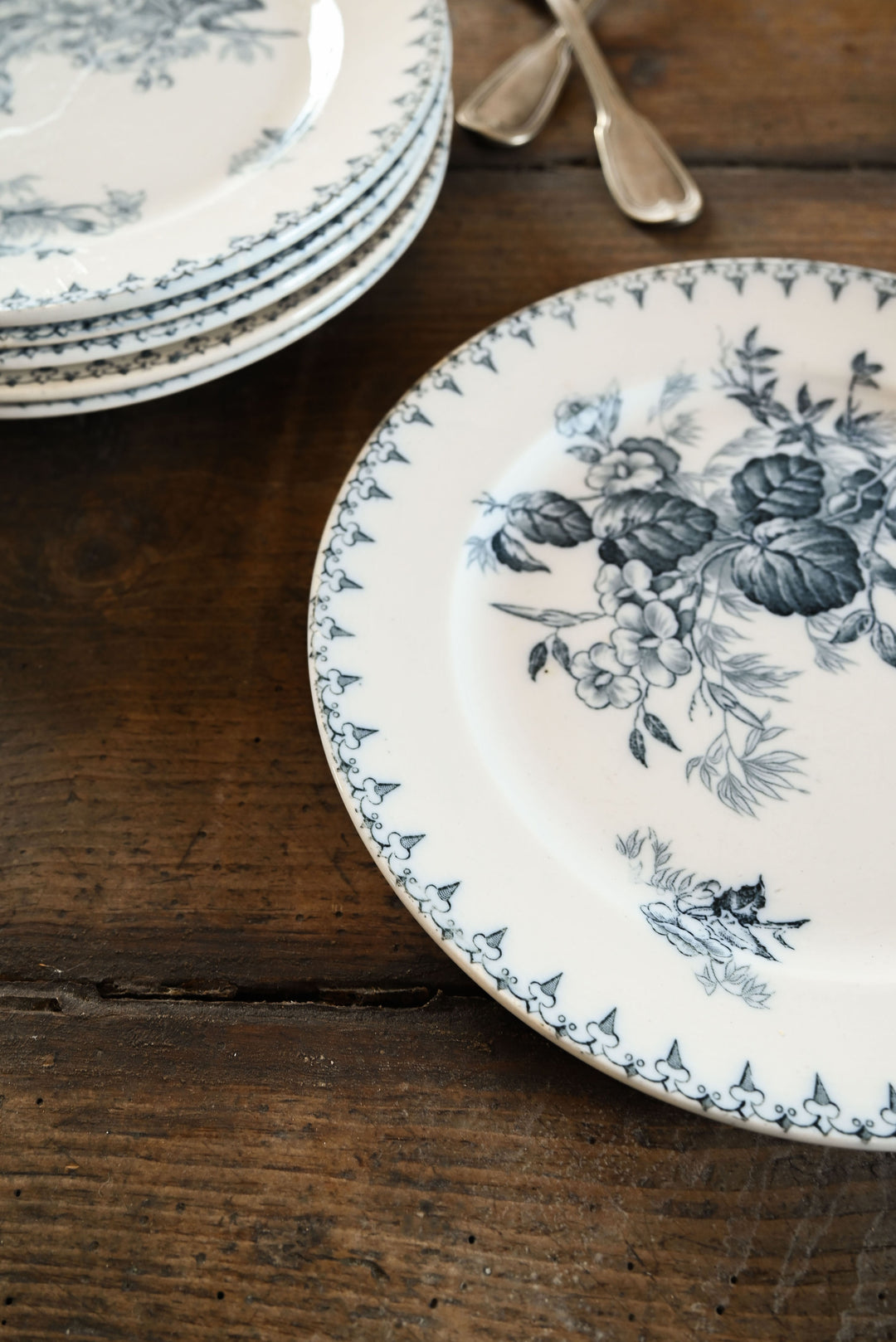 antique french sarreguemines transferware dinner plates, set of 6