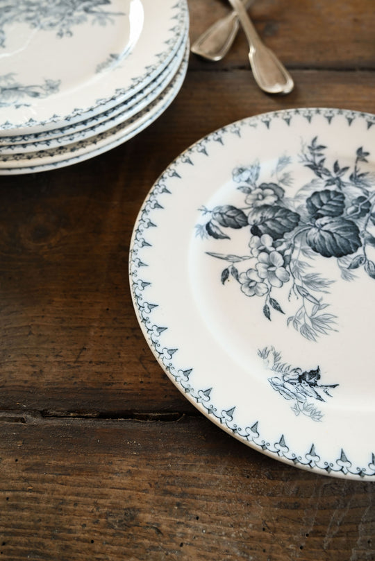antique french sarreguemines transferware dinner plates, set of 6