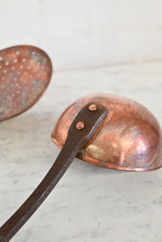 Antique french hand forged copper ladle and strainer set