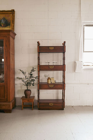 vintage wood shelf with brass hardware