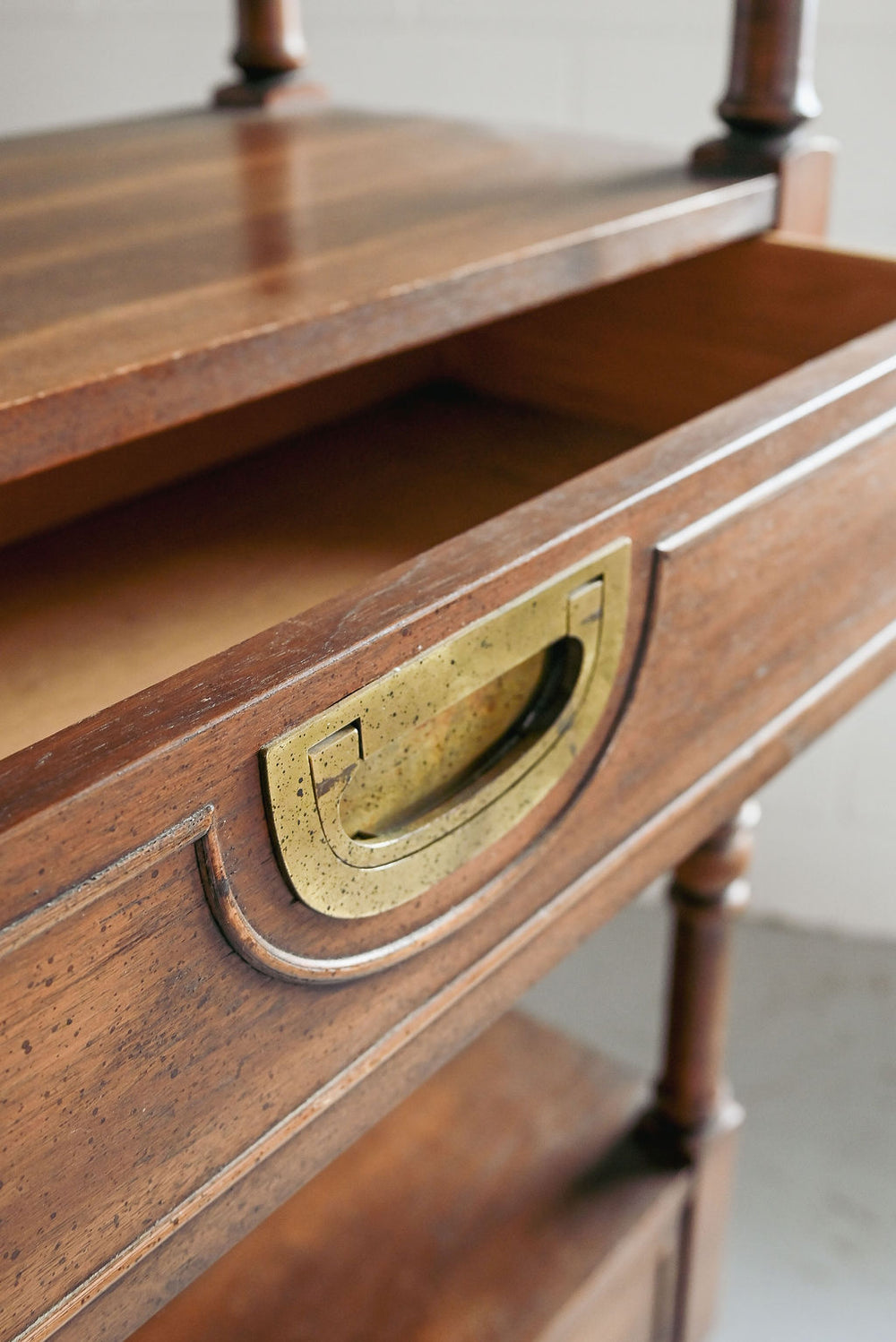 vintage wood shelf with brass hardware