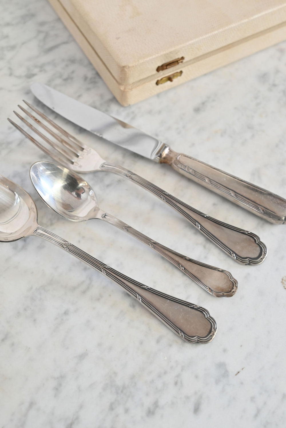 vintage french Ercuis silver flatware, gift box set of four