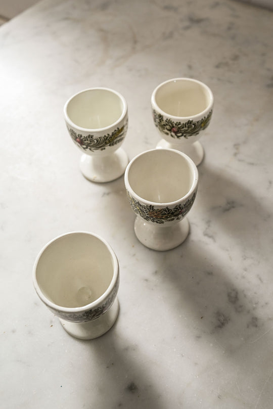antique French porcelain transferware egg cups, set of four