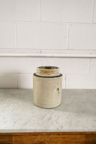 lidded antique stoneware pot