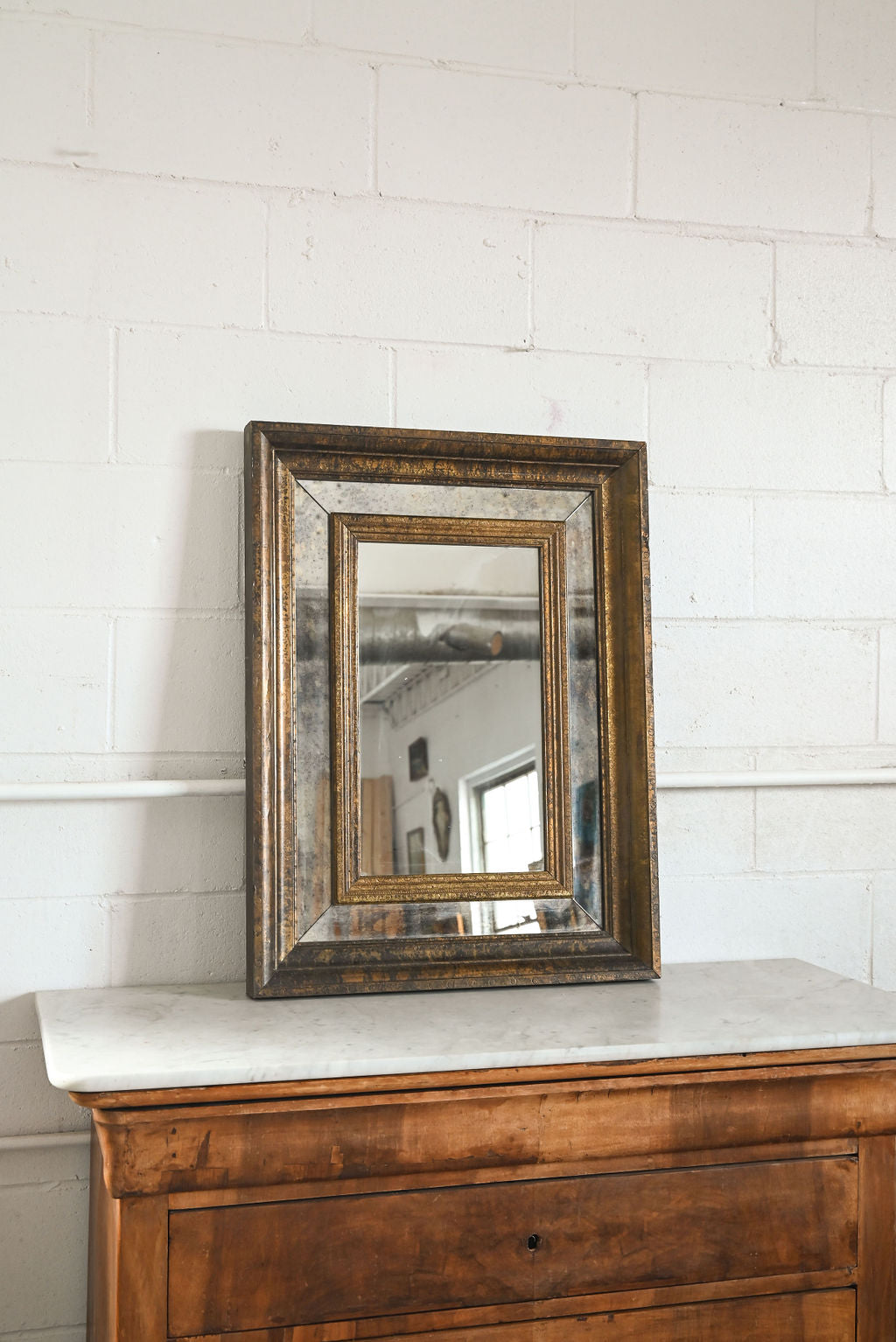 vintage french mirror with wood frame inlay