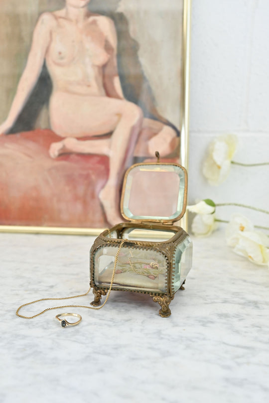 antique French beveled glass and ormolu bijoux casket