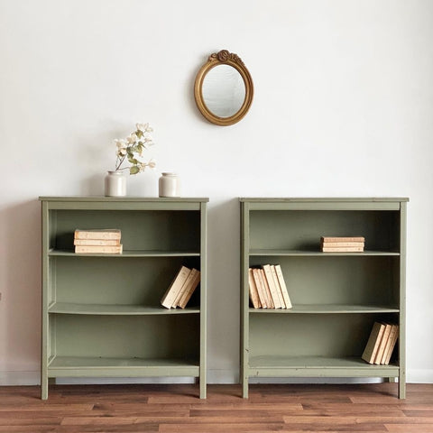 vintage sage green bookshelves
