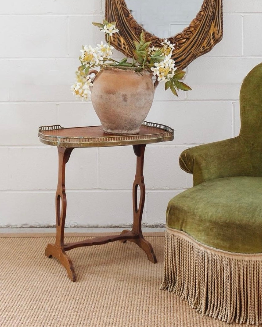 turn of the century french wood inlay and brass side table