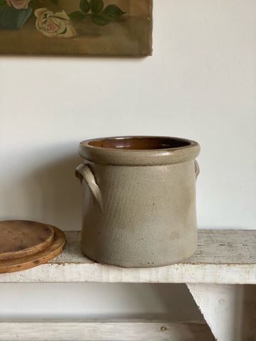 vintage preserving crock with wood lid and handles