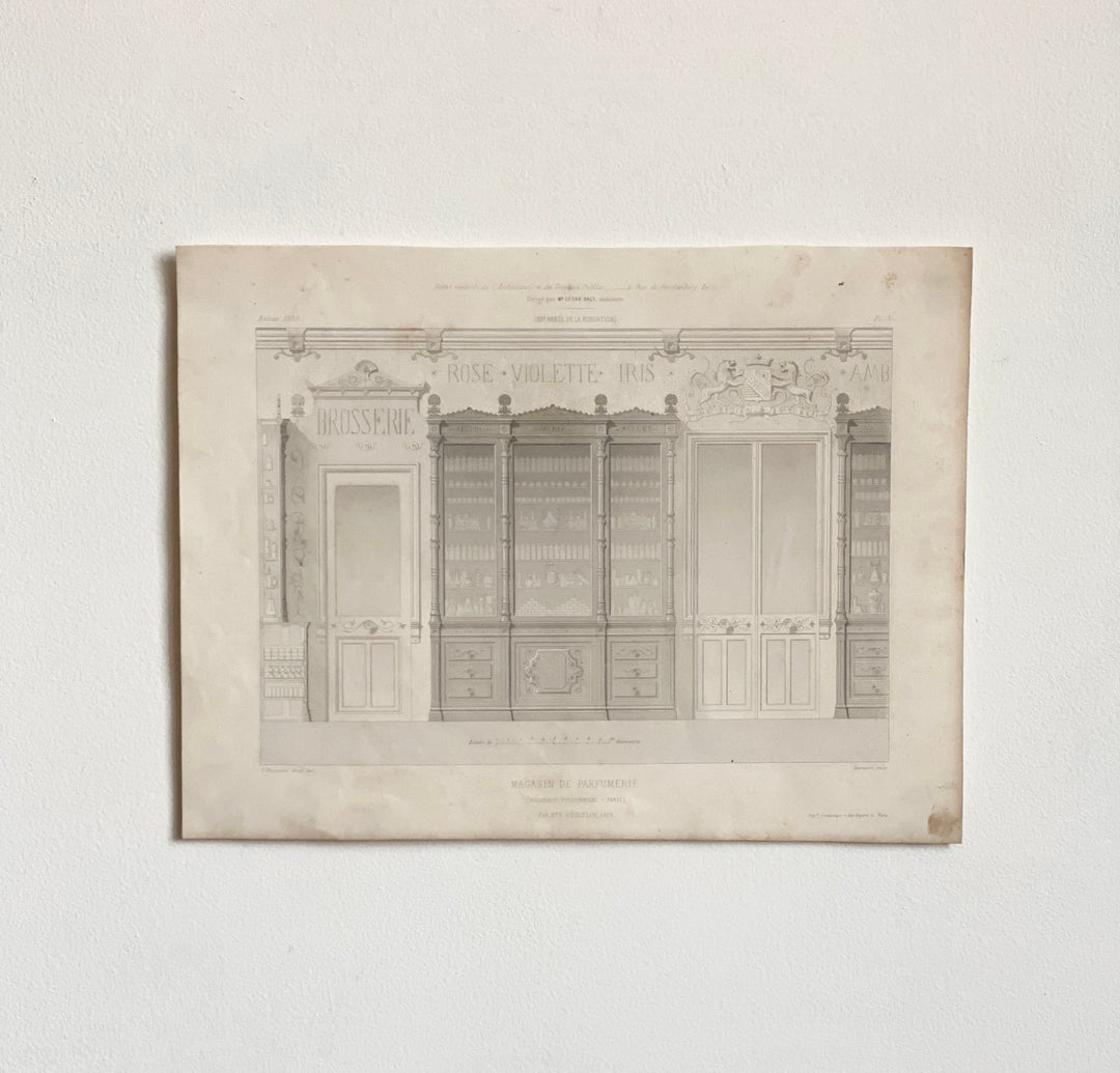 antique French architectural engraving, “magasin de parfumerie”