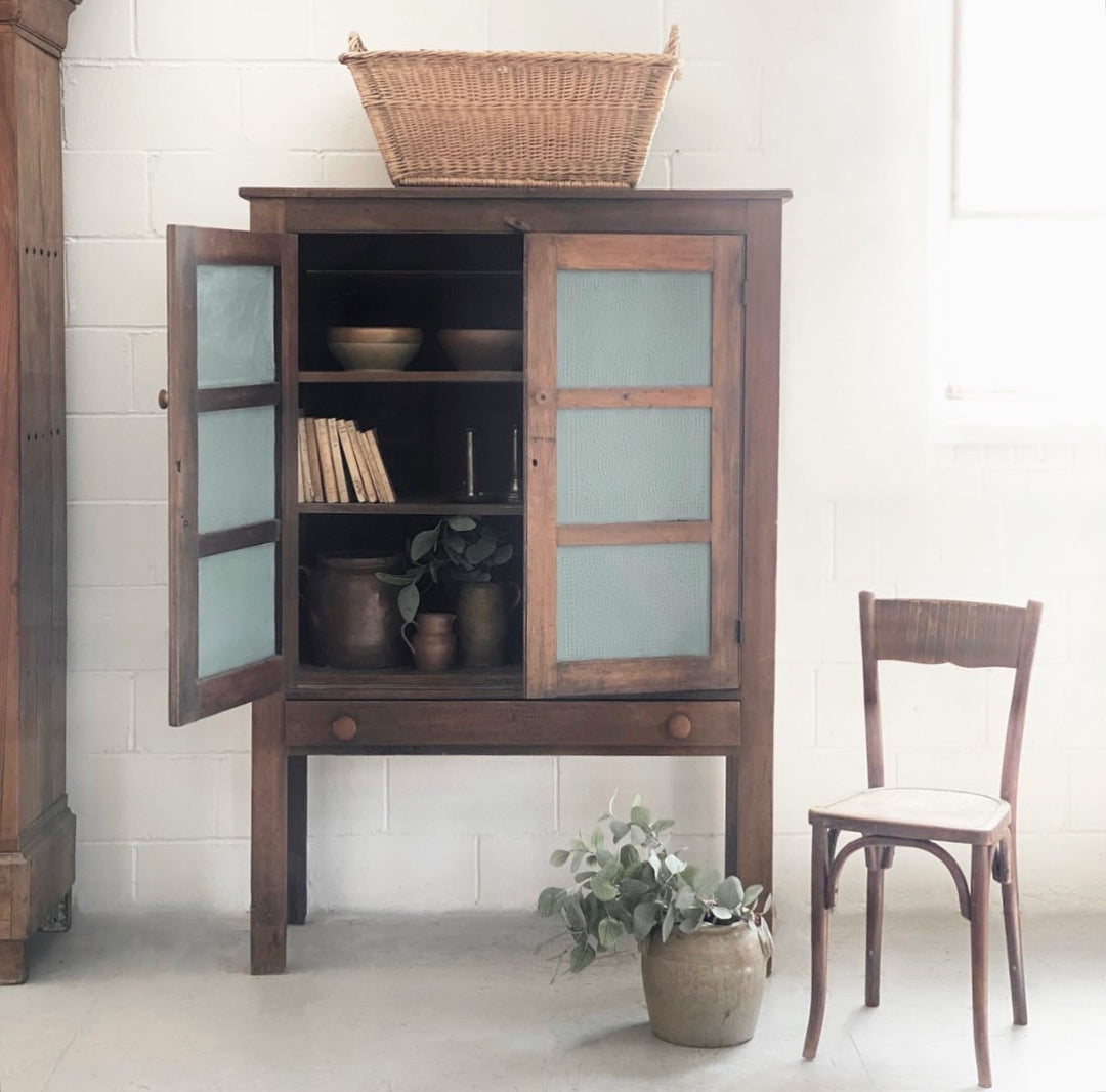 antique pie cupboard with pressed tin panels