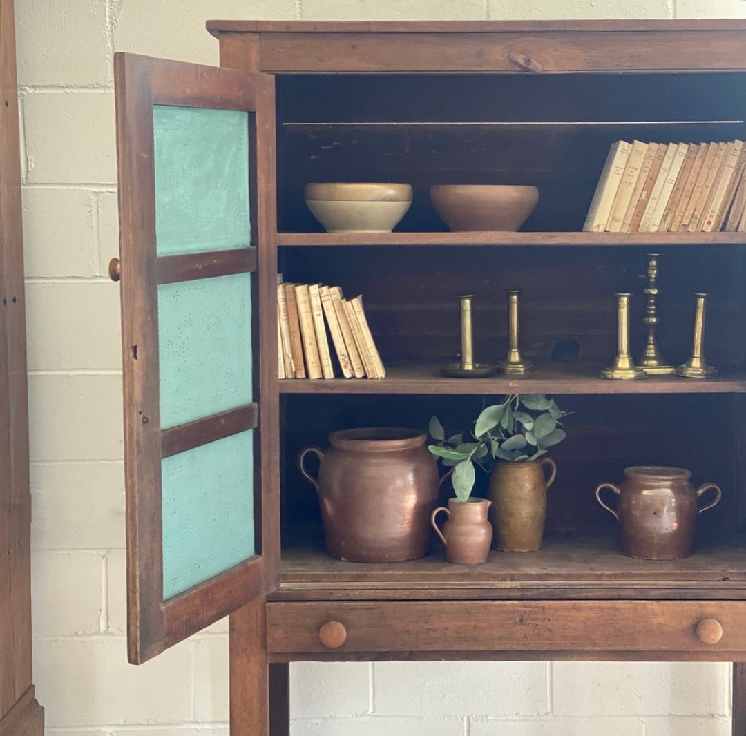 antique pie cupboard with pressed tin panels