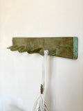 primitive carved wood coat rack, green