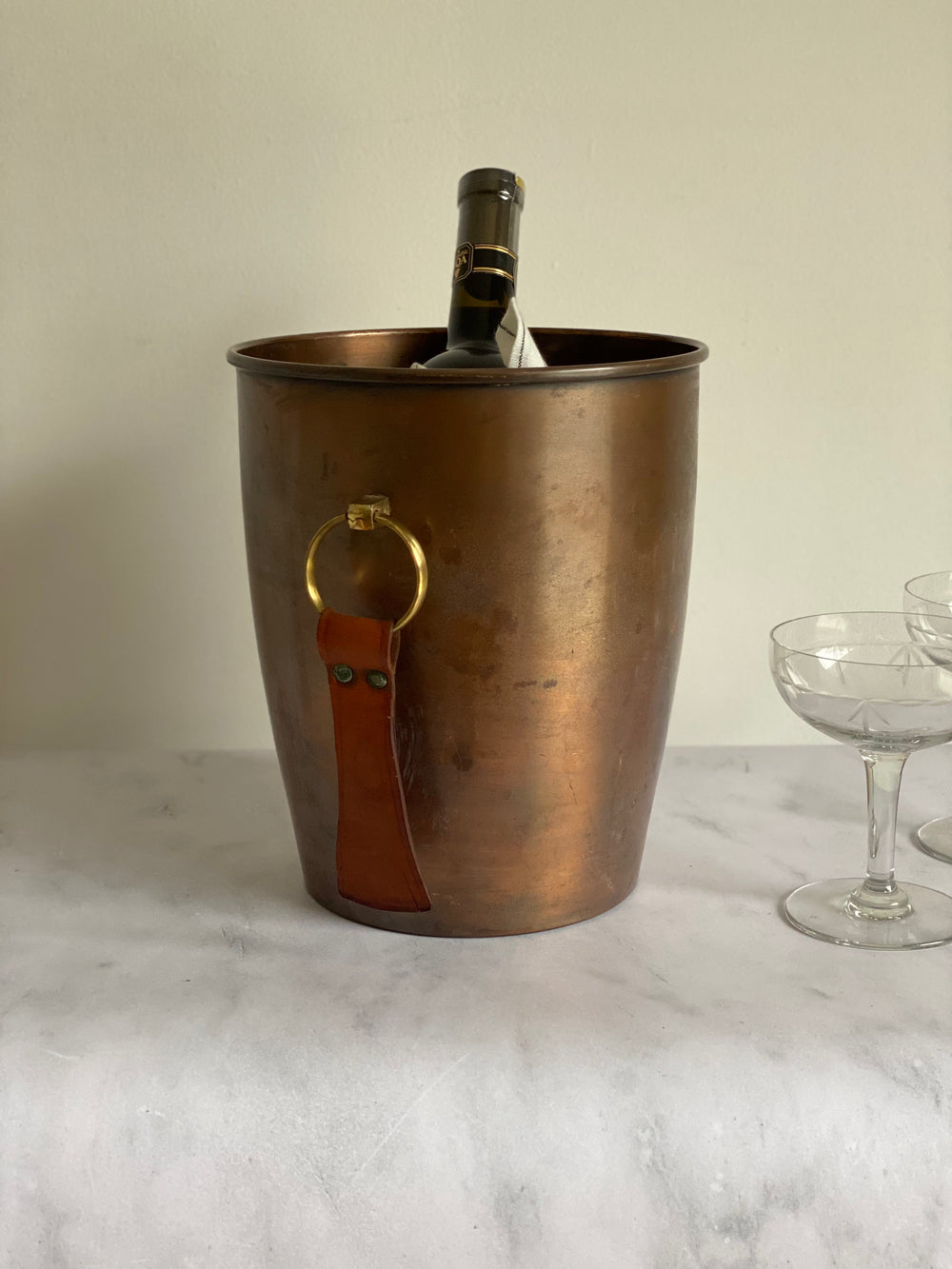 vintage French copper champagne bucket with leather & brass handles