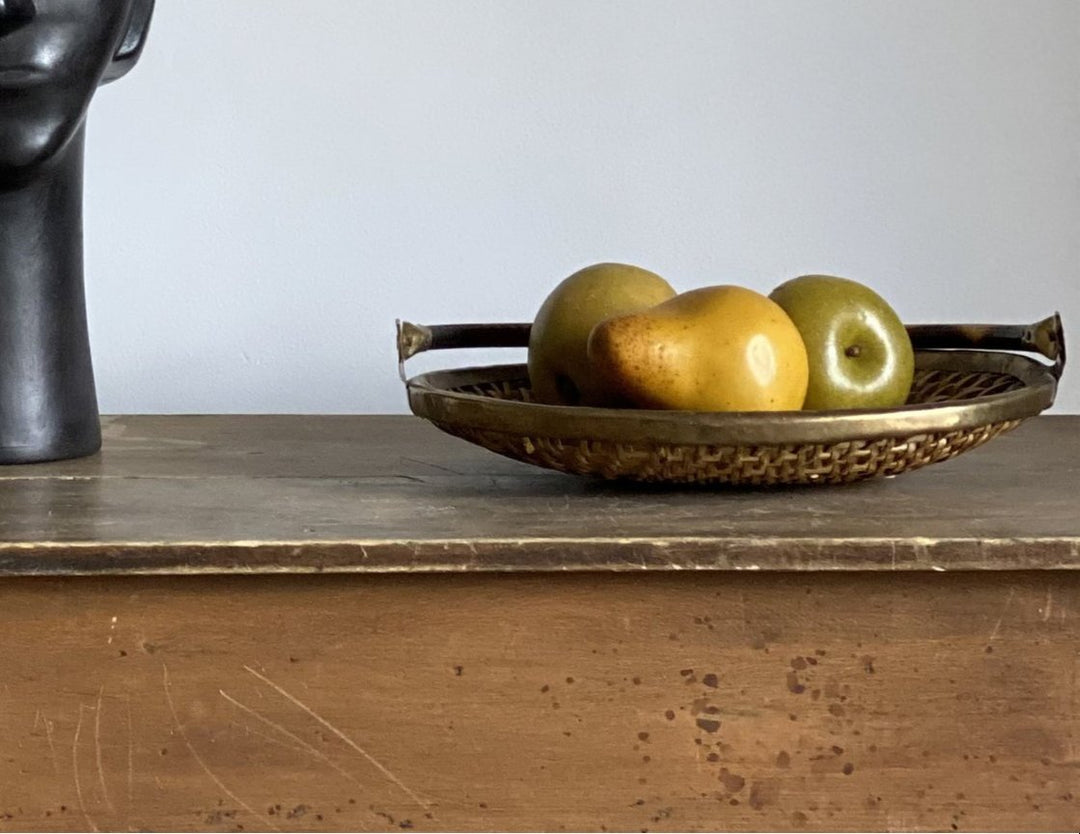 vintage woven basket with brass hardware