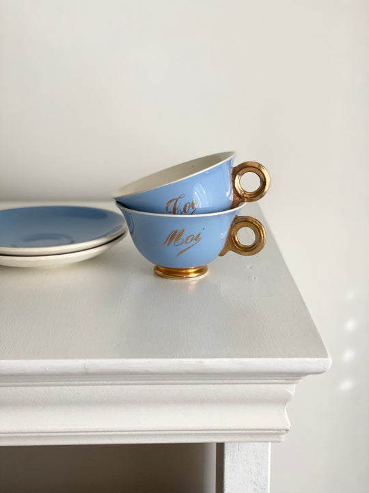 antique french "toi et moi" gold and cerulean teacups and saucers