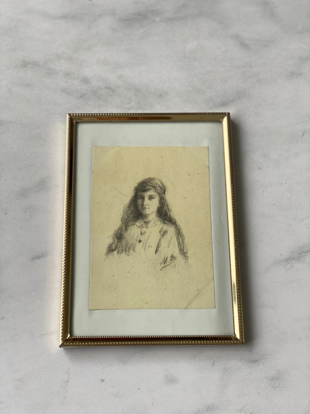 antique French framed graphite portrait sketches, set of two