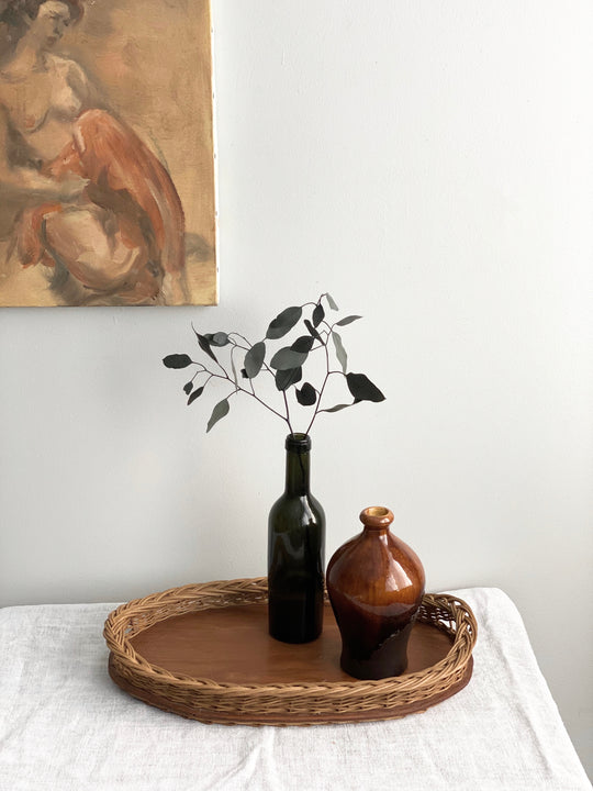 vintage wood and wicker tray