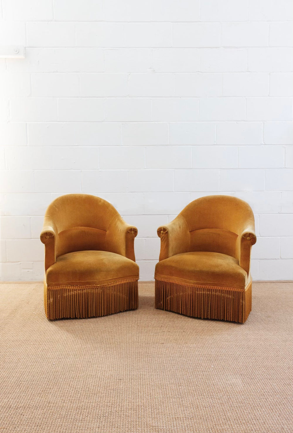 pair of matching vintage french mustard crapaud chairs