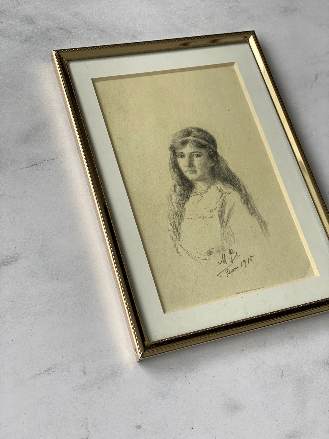 antique French framed graphite portrait sketches, set of two