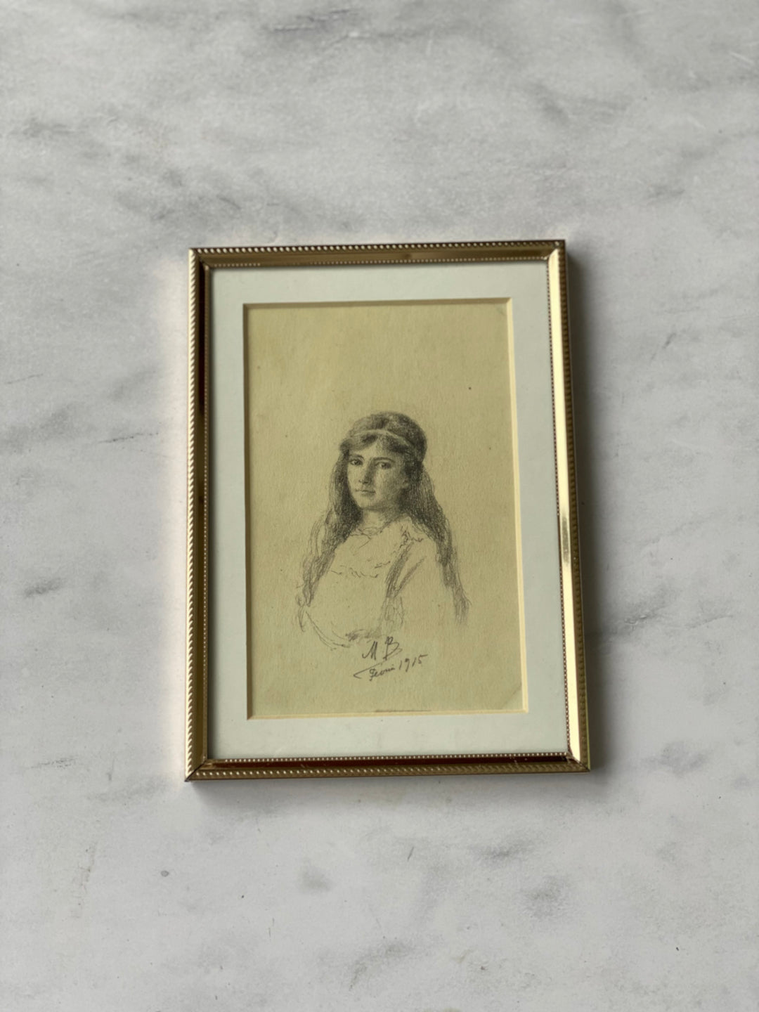 antique French framed graphite portrait sketches, set of two